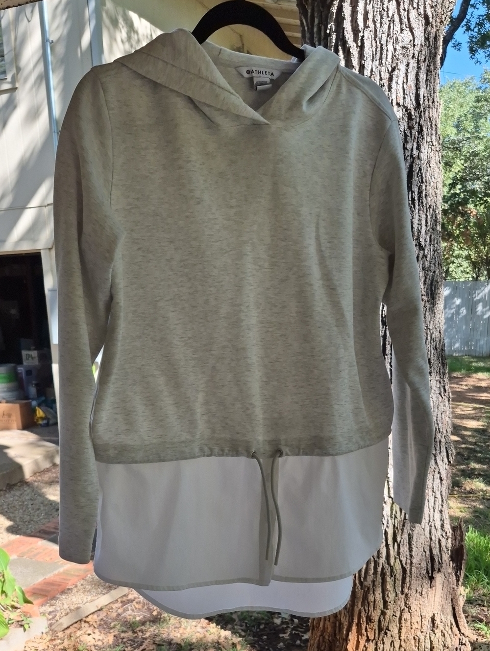 Athleta Heather Gray Hooded Layered Pullover with White Shirttail